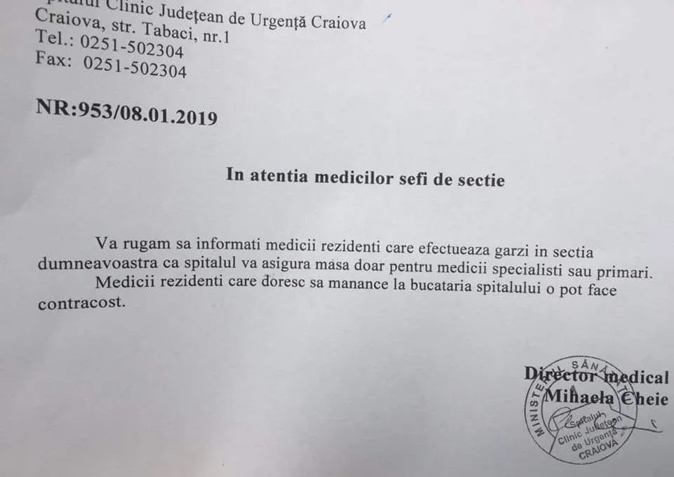 Reprezentanții Spitalului Județean de Urgență Craiova au revenit cu explicații privind mesele oferite rezidenților. ”Furnizorul de servicii de masă a suportat contravaloarea acesteia”