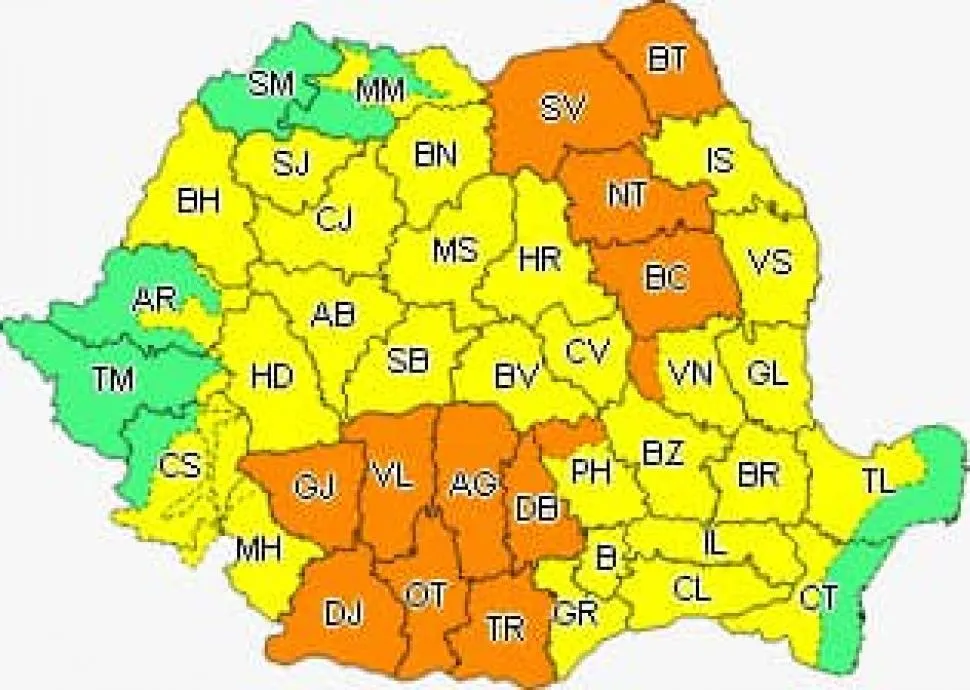 Cod Portocaliu de ploi și vijelii, emis pentru județul Dolj