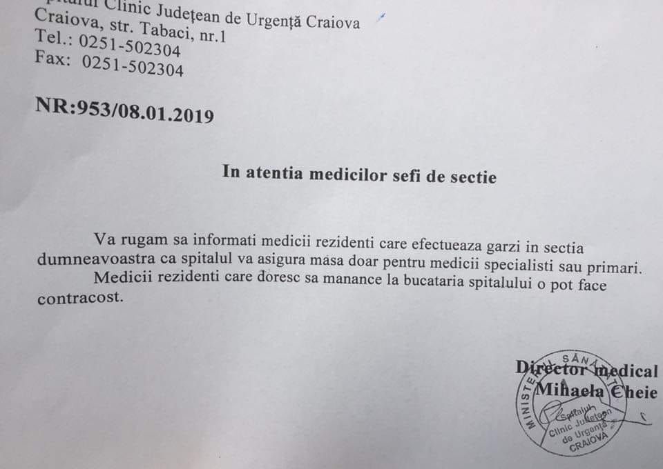 Discriminare la Spitalul Județean Clinic de Urgență Craiova. Medicii rezidenți puși să își plătească masa