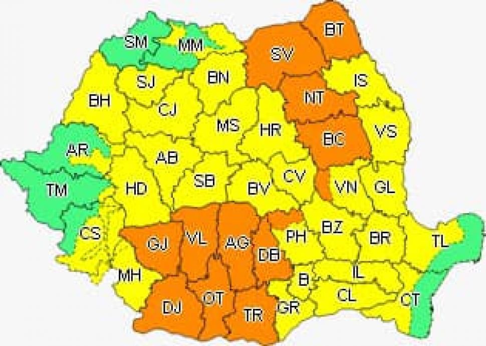 Cod Portocaliu de ploi și vijelii, emis pentru județul Dolj
