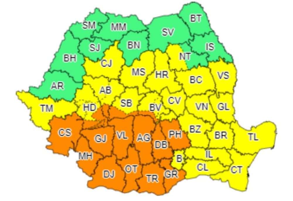 Cod portocaliu de ploi și vijelii în județul Dolj 