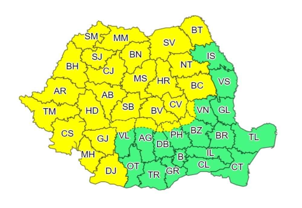 COD GALBEN de ploi torențiale, vijelii și grindină